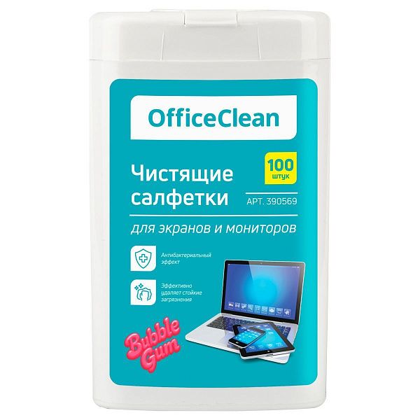 Влажные портативные чистящие салфетки OfficeClean для экранов и мониторов, 100шт. (малая плоская туба), бабл-гам