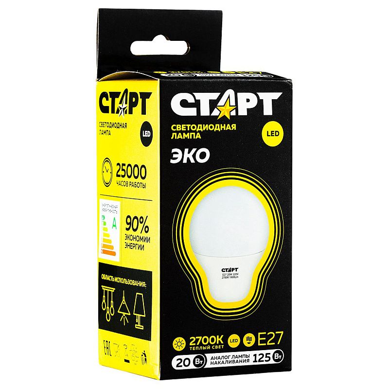 Лампа светодиодная Старт LED, серия "WS" 20W30, тип А "груша", E27, 2700К, теплый свет, 25000ч