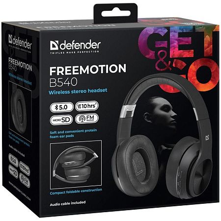 Наушники с микрофоном беспроводные Defender FreeMotion B540, Bluetooth, складные, MicroSD, FM, разъем Micro-USB, черный