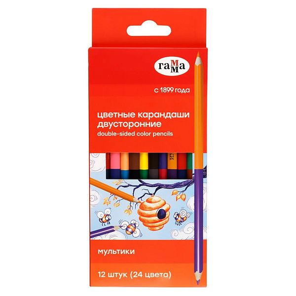 УЦЕНКА - Карандаши цветные двусторонние Гамма "Мультики", 12шт., 24цв., заточен., картон, европодвес