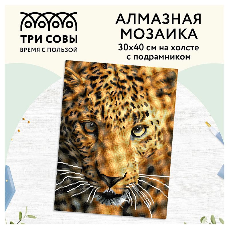 Алмазная мозаика ТРИ СОВЫ "Взгляд охотника", 30*40см, холст на деревянном подрамнике, картонная коробка с пластиковой ручкой