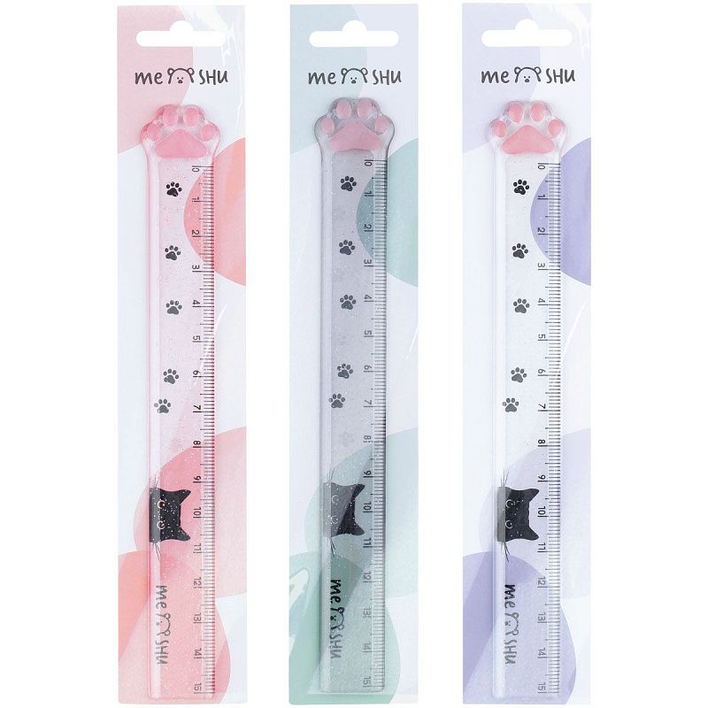 Линейка 15см MESHU "Paw", пластиковая, тонированная, с блестками, ассорти, европодвес 