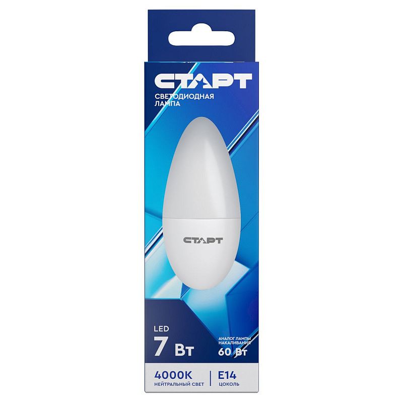 Лампа светодиодная Старт LED, серия "ЭКО" 7W40, тип С "свеча", E14, 4000К, холодный свет, 15000ч