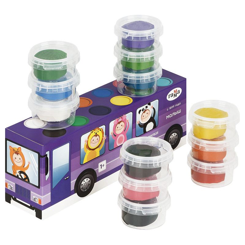 Тесто для лепки Гамма "Малыш. Автобус" 12 цветов, 720г, картон. упаковка