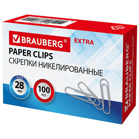 Скрепки EXTRA BRAUBERG 28 мм никелированные 100 штук, 271312