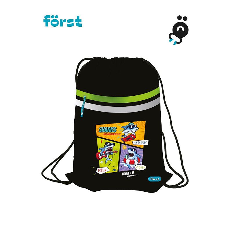 Мешок для обуви 1 отделение Först "Shark party", 350*460мм, вентиляционная сеточка, светоотражающая лента, карман на молнии 