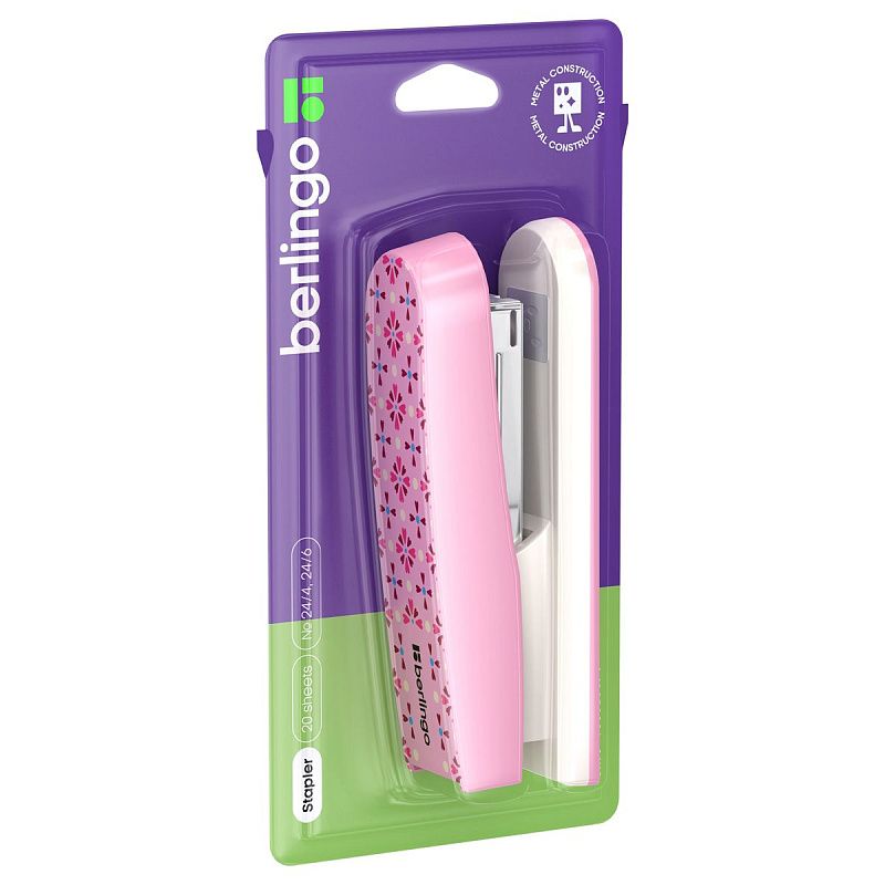 Степлер №24/6, 26/6 Berlingo "Silk Touch", до 20л., пластиковый корпус, розовый