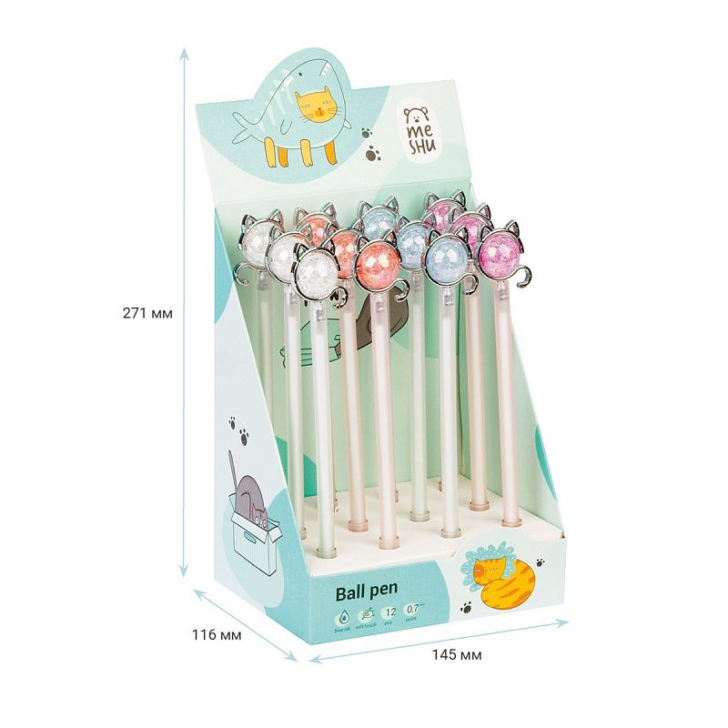 Ручка шариковая MESHU "Cat" синяя, 0,7мм, корпус ассорти, с топпером 