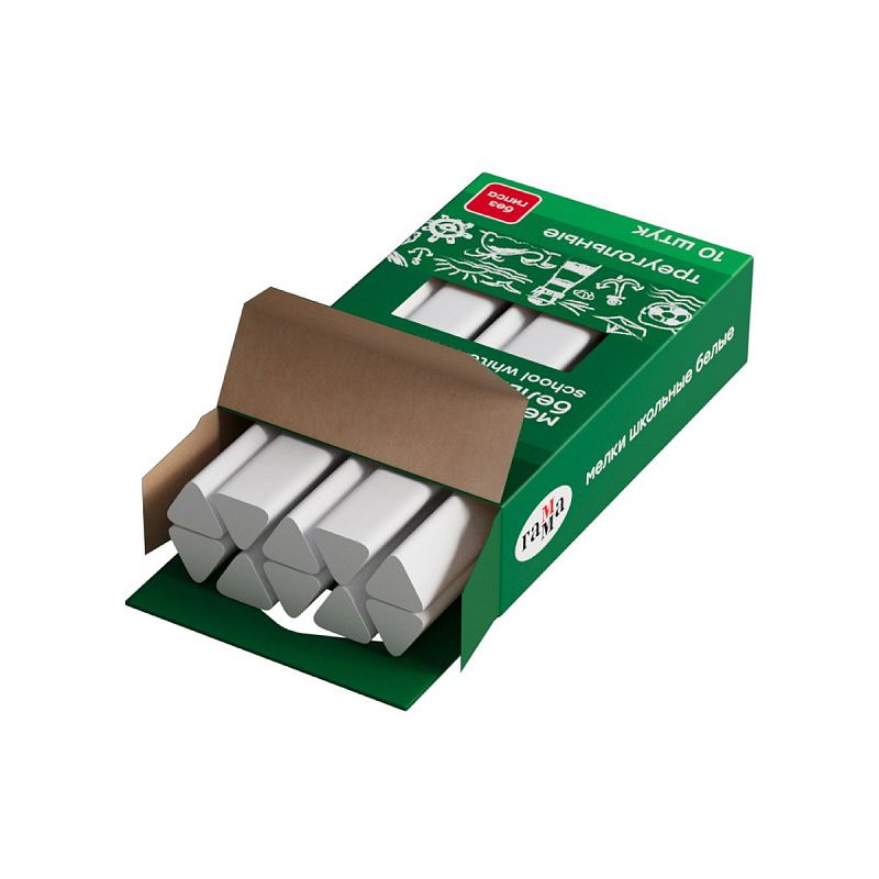 Мелки школьные Гамма, белые, 10шт., мягкие, треугольные, картонная упаковка, европодвес 