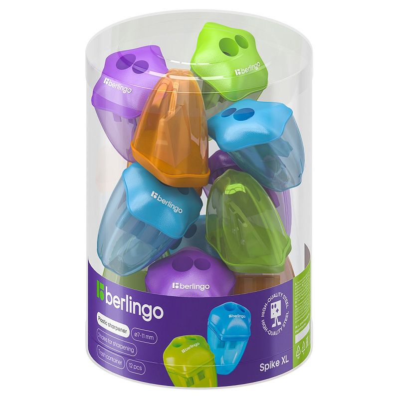 Точилка пластиковая Berlingo "Spike XL" 2 отверстия, контейнер, ассорти, дисплей 