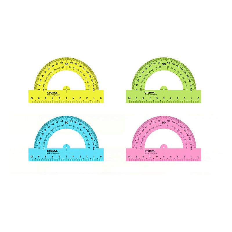 Транспортир 10см, 180° СТАММ, пластиковый, прозрачный, неоновые цвета, ассорти