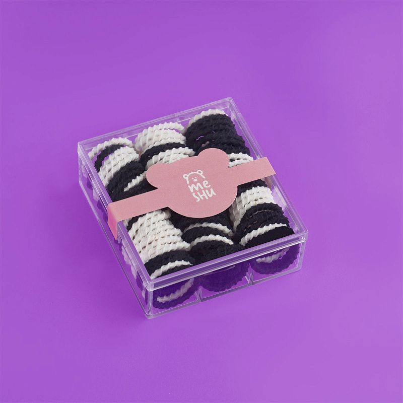 Резинки для волос MESHU, тонкие, черные/белые, 90шт., пластиковый бокс