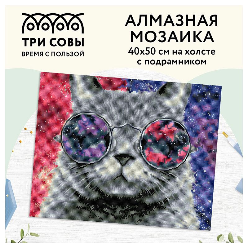 Алмазная мозаика ТРИ СОВЫ "Кошачий космос", 40*50см, холст на деревянном подрамнике, картонная коробка с пластиковой ручкой
