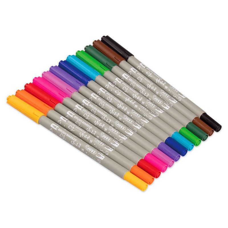 Набор двухсторонних маркеров-кистей JOVI "Lettering", 12цв., на водной основе, кисть/пулевидный