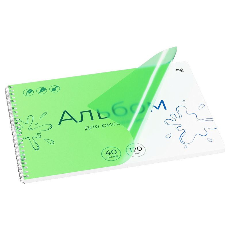 Альбом для рисования 40л., А4, на гребне BG "UniTone. Green", пластиковая обложка, 120г/м2