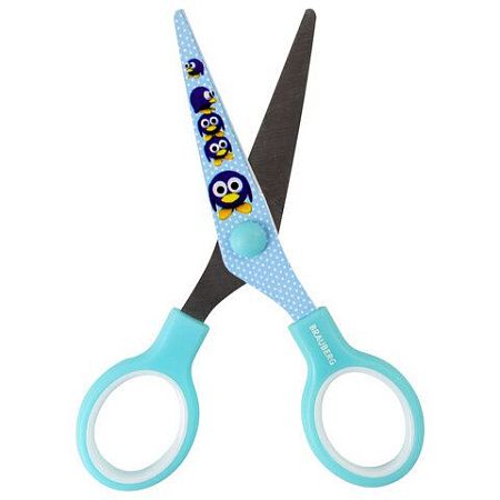 Ножницы BRAUBERG "Kid Series", 130 мм, голубые, с цветной печатью "Пингвины", закругленные, 232271 
