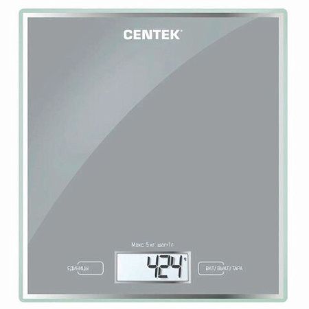 Весы кухонные CENTEK CT-2462 SILVER, электронный дисплей, max вес 5 кг, тарокомпенсация, стекло, CT-2462 Silver