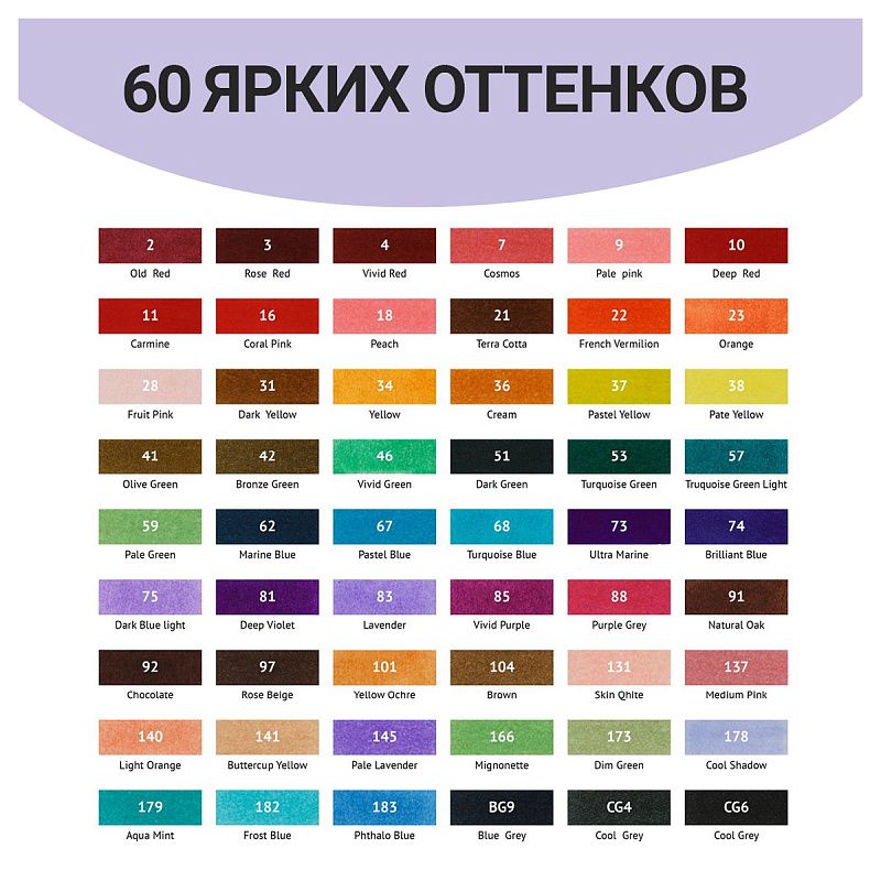Набор двусторонних маркеров для скетчинга MESHU 60цв., основные цвета, корпус трехгранный, пулевид./клиновид.наконечники, текстильный чехол на молнии
