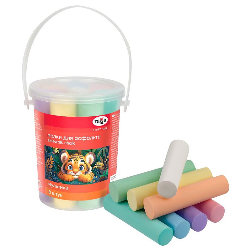 Мелки для асфальта Гамма "Мультики", цветные, 8шт., 8цв., круглые, пластиковое ведро 