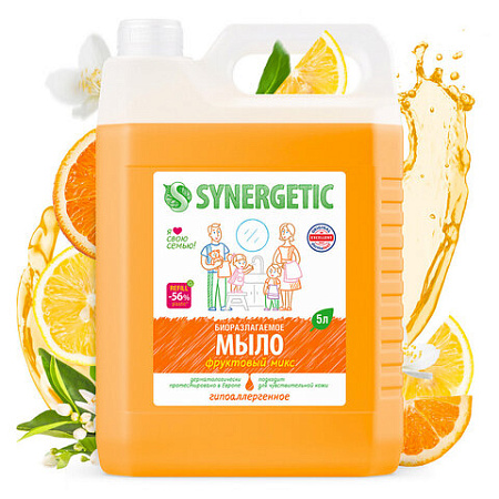 Мыло жидкое 5 л SYNERGETIC "Фруктовый микс", гипоаллергенное, биоразлагаемое, 105502 