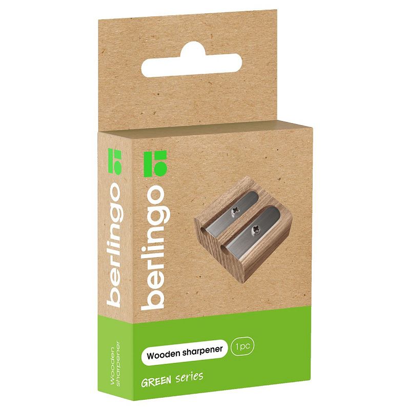 Точилка деревянная Berlingo "Green Series", 2 отверстия, в индивидуальной коробке, с европодвесом 