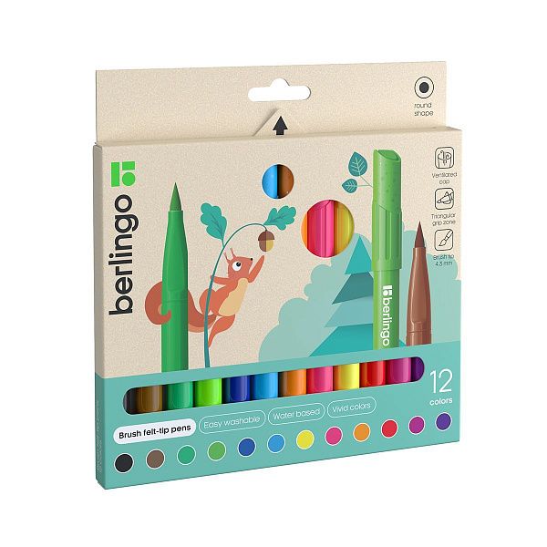 Фломастеры с кистевым пишущим узлом Berlingo "Brush", 12цв., смываемые, картон, европодвес