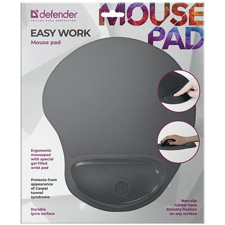 Коврик для мыши Defender EasyWork, серый, гелевая подушка, полиуретан, покрытие тканевое