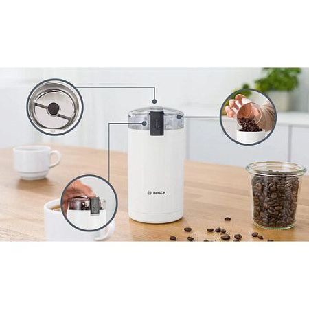 Кофемолка BOSCH MKM6000, мощность 180 Вт, вместимость 75 г, пластик, белая