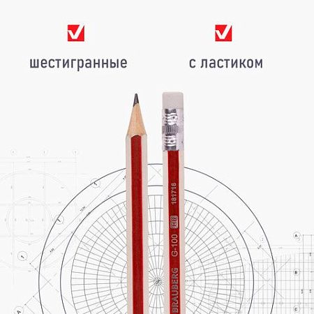 Набор карандашей чернографитных BRAUBERG "G-100" 12 шт., HB, с ластиком, корпус ассорти, 181716 