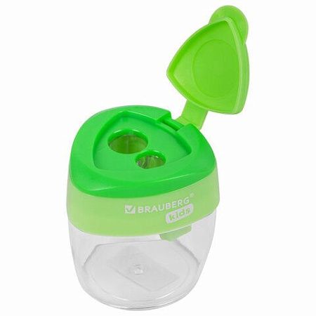 Точилки BRAUBERG KIDS "MAXI", 2 ШТУКИ, 2 отверстия, с большим контейнером, трехгранный корпус, цвета ассорти, блистер, 271947 