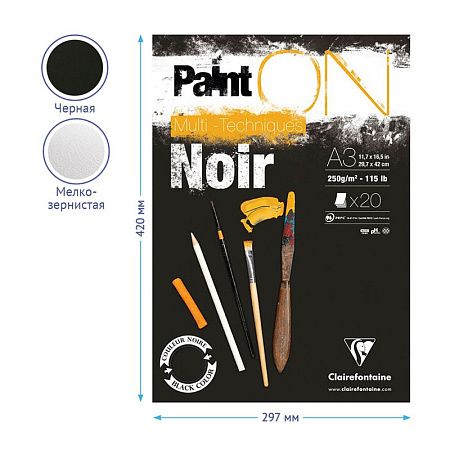 Скетчбук - альбом для смешанных техник 20л., А3 Clairefontaine "Paint ON Noir", на склейке, черный, 250г/м2
