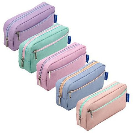 Пенал мягкий BRAUBERG, 2 отделения, ассорти 5 цветов, "Pastel", 21х9,5х5 см, дисплей, 271579 