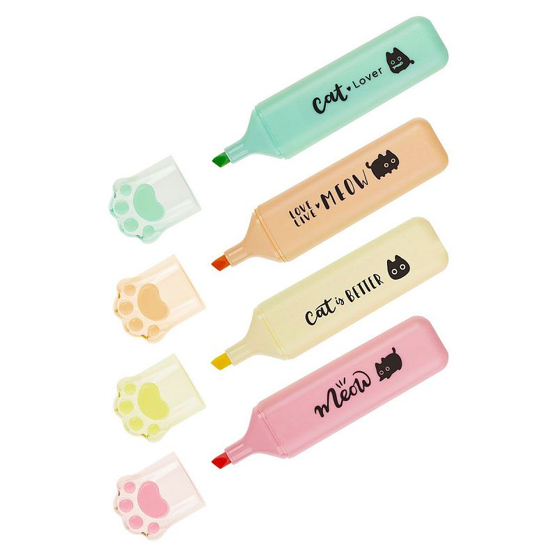 Набор текстовыделителей MESHU "Live, Life, Meow", 04цв., пастельные цвета, 1-5 мм, ПВХ бокс с европодвесом 
