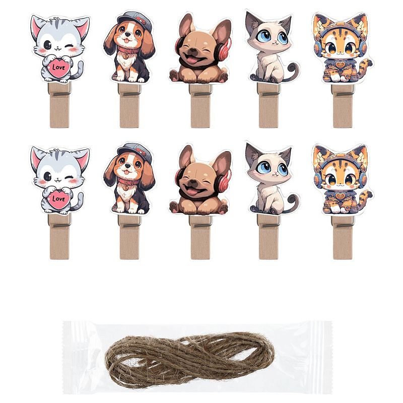 Зажимы для бумаг 7мм, MESHU "Cute pets", 10шт.,  деревянные, ассорти, опп пакет с европодвесом, веревка в комплекте