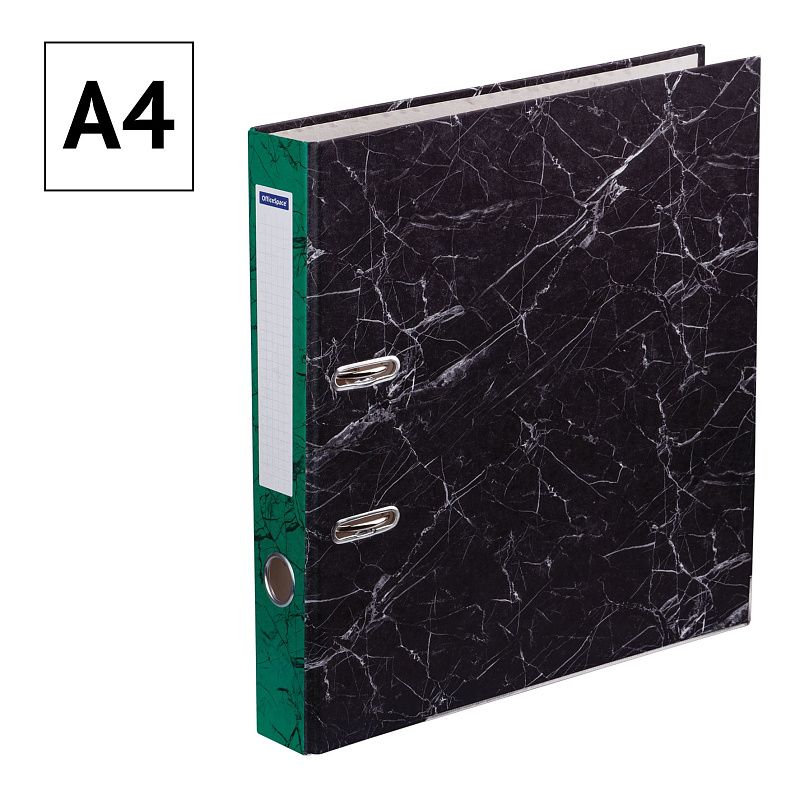 Папка-регистратор OfficeSpace 50мм, мрамор, черная, зеленый корешок, нижний метал. кант 