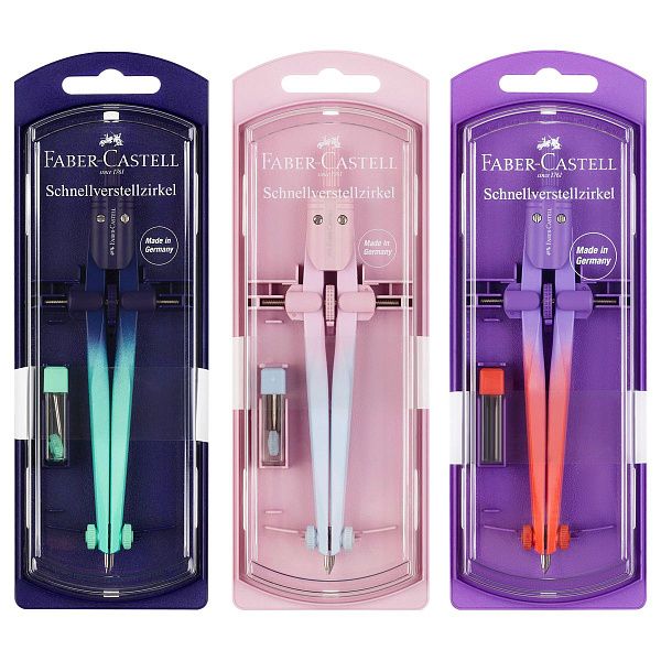 Циркуль Faber-Castell + грифели, пластиковый футляр,  цвет мятно-синий, розово-жемчужный, фиолетово-коралловый