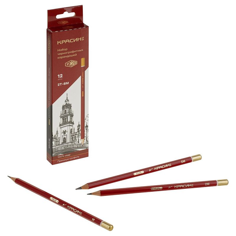Набор карандашей ч/г Красин "1926" 12шт., 2Т(Н)-8М(B), кедр, заточен., карт.пенал, европодвес 