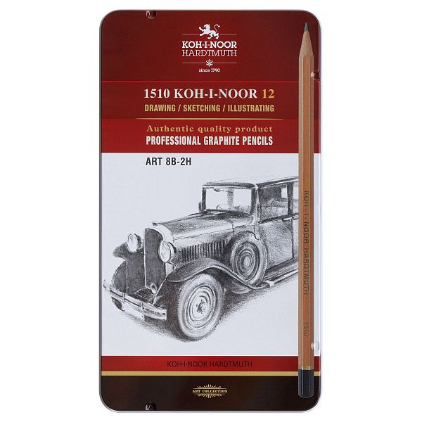 Набор карандашей ч/г Koh-I-Noor "1512" 12шт., 8B-2H, металл. пенал, с неокрашенным корпусом