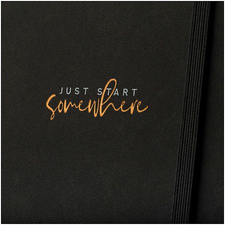 Записная книжка А5 96л., кожзам, на гребне, Greenwich Line "Just start. Black", твердая обложка, тиснение фольгой, с петлей для ручки