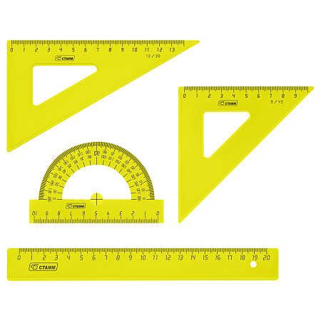 Набор чертежный средний СТАММ "Neon Cristal" (треуг. 2шт., линейка 20см, транспортир), ассорти