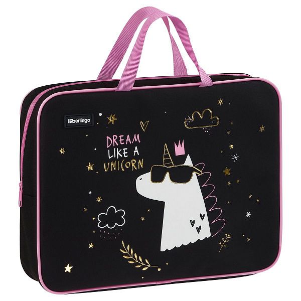 Папка текстильная с ручками 1 отделение, А4 Berlingo "Dream Like A Unicorn", 350*265*80мм, текстиль, на молнии