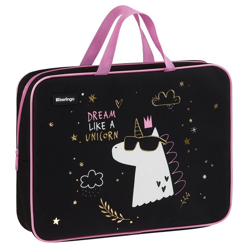 Папка текстильная с ручками 1 отделение, А4 Berlingo "Dream Like A Unicorn", 350*265*80мм, текстиль, на молнии