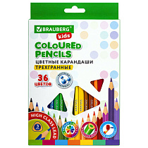 Карандаши цветные BRAUBERG KIDS, 36 цветов, трехгранный корпус, грифель мягкий 3 мм, 181945