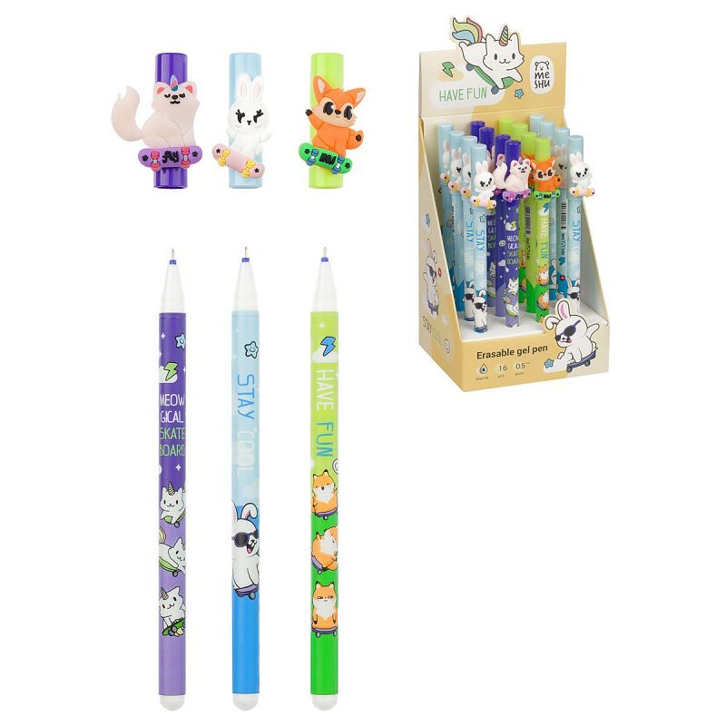 Ручка гелевая стираемая MESHU "Skate party" синяя, 0,5мм, корпус ассорти, с топпером