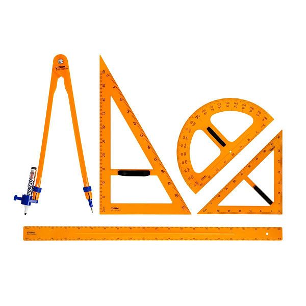 Набор для школьной доски СТАММ (линейка 100см, треугольник 30°, треугольник 45°, транспортир, циркуль), пластик, желтый, коробка