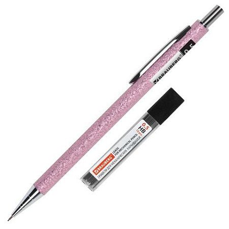 Карандаш механический 0,5 мм + грифели HB 12 штук на блистере, BRAUBERG "ROSE PINK", 181971 
