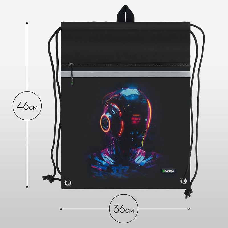 Мешок для обуви 1 отделение Berlingo "Cyberpunk", 360*460мм, вентиляционная сеточка , светоотражающая лента, карман на молнии 