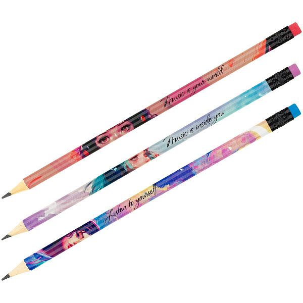Карандаш ч/г MESHU "Girls and music", HB, заточен., с печатью, с ластиком, ассорти, туба
