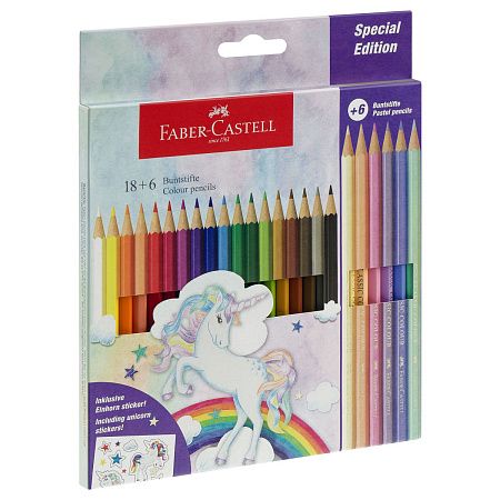 Карандаши цветные Faber-Castell "Unicorn", 18цв., шестигр., заточ.+6 паст. цв., картон, европодвес