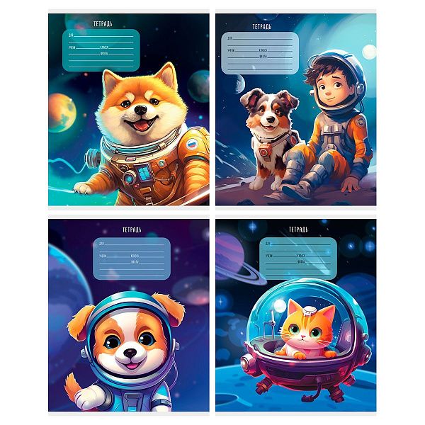 Тетрадь 12л., косая линия c доп. горизонтальной BG "Космический полет", выб. лак